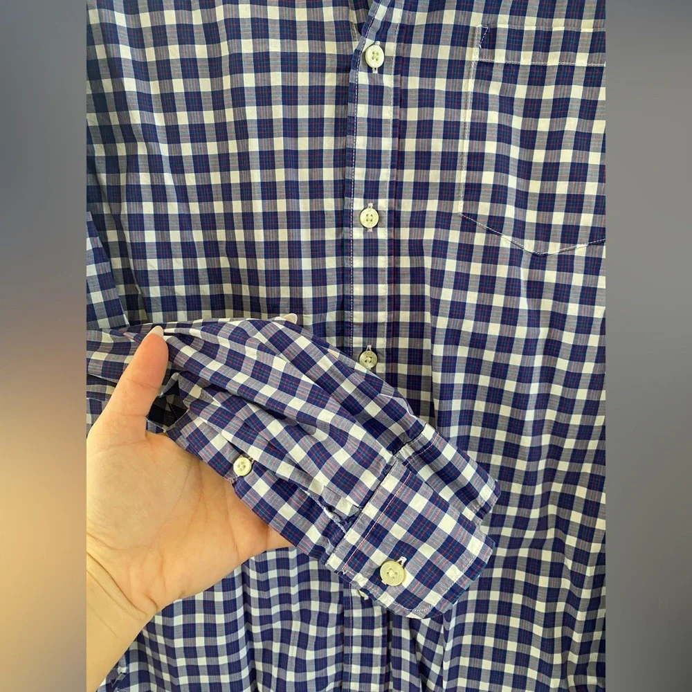 J. Crew - 100% Cotton Navy Blue and White Plaid Button Down Shirt - Size M